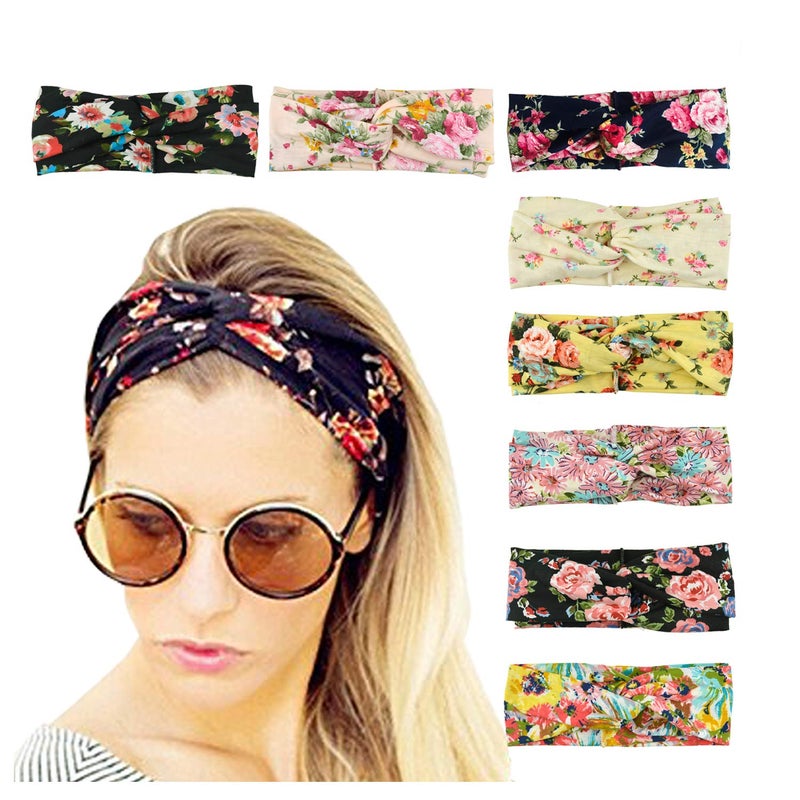 DRESHOW 8 Pack Women Headband Boho Floal Style Criss Cross Head Wrap Elastic Hair Accessories - Image 1